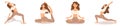 Set of vector illustrations of womens workout. A young brunette girl is engaged in yoga, dance, aerobics, fitness