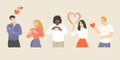 Set of vector illustrations of young people showing hearts with gestures or dreaming of love
