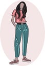 Set of vector images of beautiful proud girls with long hair in t-shirts and jeans.For a website, beauty salon, hair salon, clothi