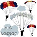 Set of vector images of black contour figures of parachutists on multi-colored parachutes isolated on white background