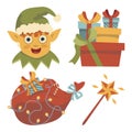 set of vector images christmas christmas elf gifts bag with gifts magic wand new year Royalty Free Stock Photo