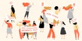 Set of vector images for International Women`s Day with cute young women holding posters and banners and asserting their rights i