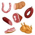 Set of vector images of meat products and sausages isolated