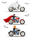 Set of vector images of motorcycle drivers in Halloween costumes. Vector Royalty Free Stock Photo