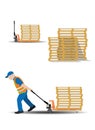 A set of vector images of moving hand pallet trucks, collecting, storing and moving empty pallets. Storage equipment Royalty Free Stock Photo