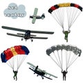 Set of vector images of multicolored parachutists and sports aircraft isolated on white background