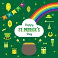 Set of vector images for St. Patrick`s Day. Bowler, coins, rainbow, horseshoe, hat, clover, flags, beer, on a green