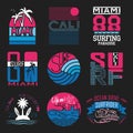 Set of vector images of t-shirts with summer and surf themes. Surfing. Royalty Free Stock Photo