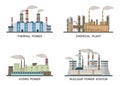 Set of vector industrial flat illustration of different types of power plants. Conception of making energy and pollution