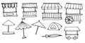 Set of vector insulated awnings, outdoor umbrellas and small outdoor mobile stalls hand-drawn sketch style black outline on white