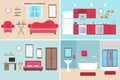 Set of vector interiors with furniture and equipment. Design a living room, kitchen, bathroom, bedroom. Flat style interior, Royalty Free Stock Photo