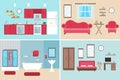 Set of vector interiors with furniture and equipment. Design a living room, kitchen, bathroom, bedroom. Flat style interior, Royalty Free Stock Photo