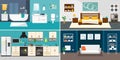 Set of vector interiors with furniture and equipment. Design a living room, kitchen, bathroom, bedroom. Flat style interior, House Royalty Free Stock Photo