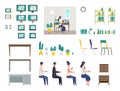 Set of vector interiors for home office. Isolated modern flat vector illustrations of various interiors for teleconference