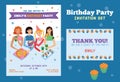 Set of Vector Invitation Flyer and Thank You Card For Teenage Girls Birthday Party With Four Pretty Friends Celebrating