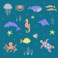 Set of vector isolated cartoon images of sea animals Royalty Free Stock Photo