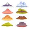 Set of vector isolated cartoon mountain icons. Mountains natural landscape, hill top, iceberg, snow ice peaks. Travel Royalty Free Stock Photo