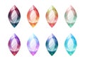 Set of vector isolated gems of different colors. Cartoon diamond, amethyst, emerald, ruby.