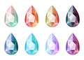 Set of vector isolated gems of different colors in the shape of a drop. Cartoon diamond, amethyst, emerald, ruby.