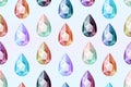 Set of vector isolated gems of different colors in the shape of a drop. Seamless pattern, Cartoon diamond, amethyst