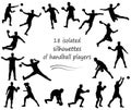 Set of 18 vector isolated silhouettes of handball players and goalkeepers jumping, running, throwing, catching the ball