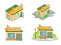 Set of Vector isometric Bakery Shops from different angles. Facade of Bakery Shop isolated on white background. Bakery Shop house
