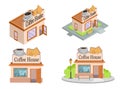 Set of Vector isometric Coffee Houses from different angles. Facade of Coffee House isolated on white background. Street Coffee