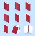 Set of vector isometric illustrations of book, notebook, notepad, magazine, booklet, brochure, book on a blue background