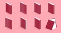 Set of vector isometric illustrations of book, notebook, notepad, magazine, booklet, brochure, book on pink background