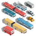 Set of vector isometric illustrations of municipal city transport