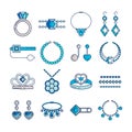 Set Of Vector Jewelry Line Icons. Diamond Luxury Collection In Blue Color Isolated On White. Ring Necklace Earrings