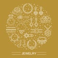 Set of vector jewelry line icons. Diamond luxury collection isolated on gold. Ring necklace earrings chain diadem