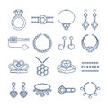 Set of vector jewelry line icons. Diamond luxury collection isolated on white. Ring necklace earrings chain diadem