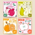 Set vector juice label fruit. Apple,garnet, pear, orange. Hand draw illustration. Food design for package.