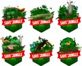 Set Of Vector Jungle Rainforest Emblem With Red Kangaroo, Lyrebird, Echidna, Saltwater Crocodile, Golden Pheasant, Pangolin