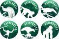 Set of vector jungle rainforest emblems with orangutan, gorilla, lesser bird of paradise, philippine Eagle, channel-billed toucan