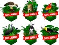 Set of vector jungle rainforest emblems with red scarlet Macaw ara parrot, harpy eagle, jaguar, rainbow-billed toucan, cassowary