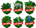 Set of vector jungles rainforest emblems with anaconda, toucan, macaw ara, harpy eagle, Green peafowl, North Sulawesi babirusa