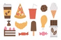 Set of vector junk food and drink icons. Ice-cream, pizza, sweet products, chocolate, candy, pastry illustration isolated on white