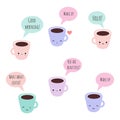 Set of 6 vector kawaii coffee cups with funny faces and phrases