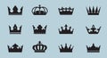 Set of vector king crowns icon on blue background. Vector Illustration. Emblem and Royal symbols