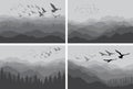 Set of landscape banners with silhouettes of birds over mountains and forest Royalty Free Stock Photo