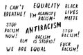 Set of vector lettering handwritten on theme of antiracism, protesting against racial inequality and revolutionary design. For