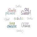 Set of vector lettering illustrations for cameras and photographers. Words click a smile, please say cheese, oh snap Cute 80s 90s Royalty Free Stock Photo