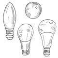 Set of vector light bulbs. Hand drawn LED lamps isolated on white background. Outline black and white stock illustration. Top view Royalty Free Stock Photo