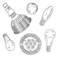 Set of vector light bulbs. Hand drawn LED lamps and phyto lamp isolated on white. Outline black and white illustration Royalty Free Stock Photo