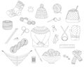 Set of vector line icons for knitting yarn, needles, socks, sweater, hook and other.