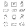 Set vector line icons related coins with banknotes. Flat style vector