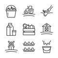 Set of vector line icons related to agriculture. Contains such barn, agricultural machinery, livestock farming, gardening and much