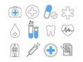 Set vector line icons, sign in flat design medicine, pharmacology, oncology, blood count, medical ethics with elements